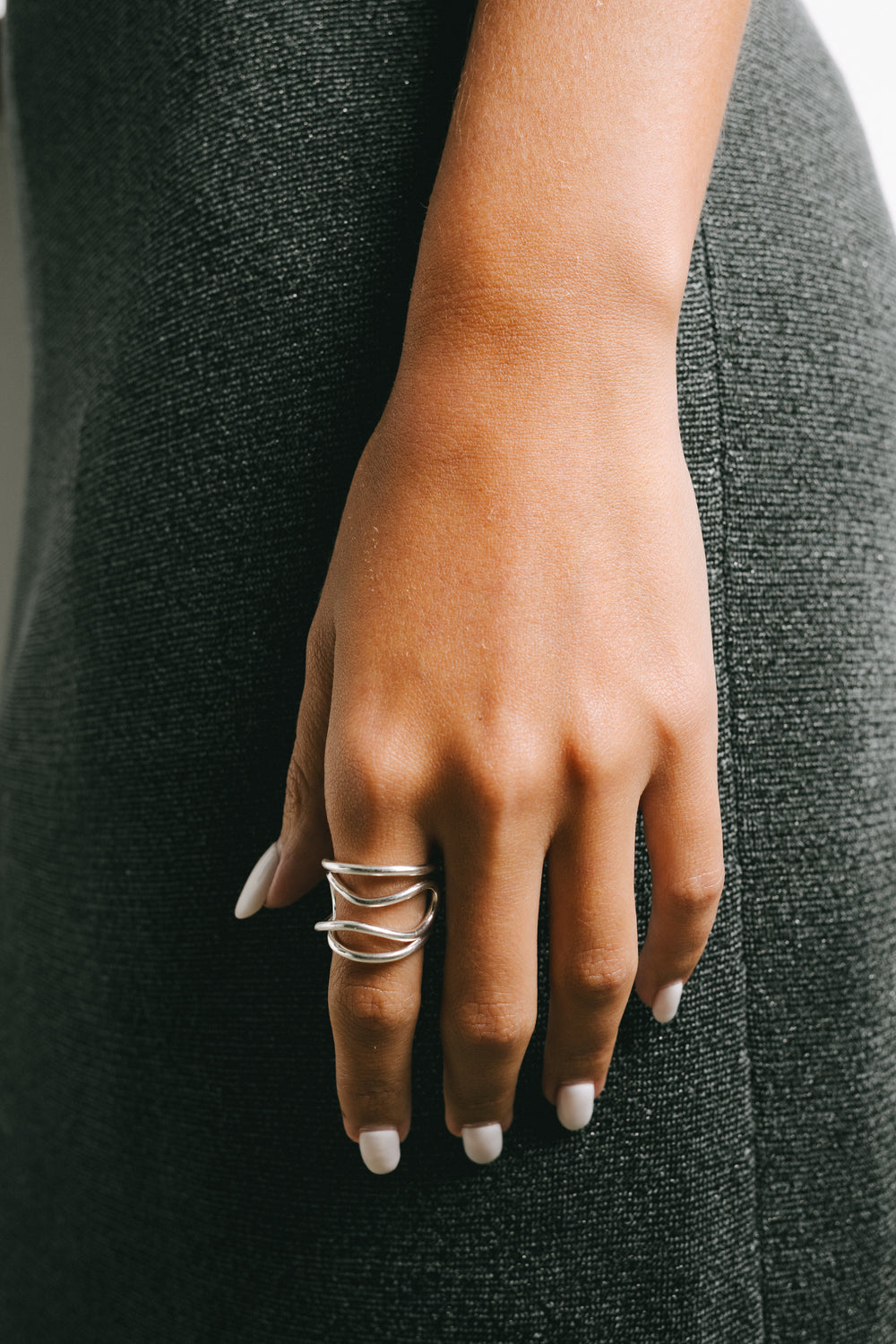 Model wearing Farah Layered Ring in Silver Plate by Pieretti