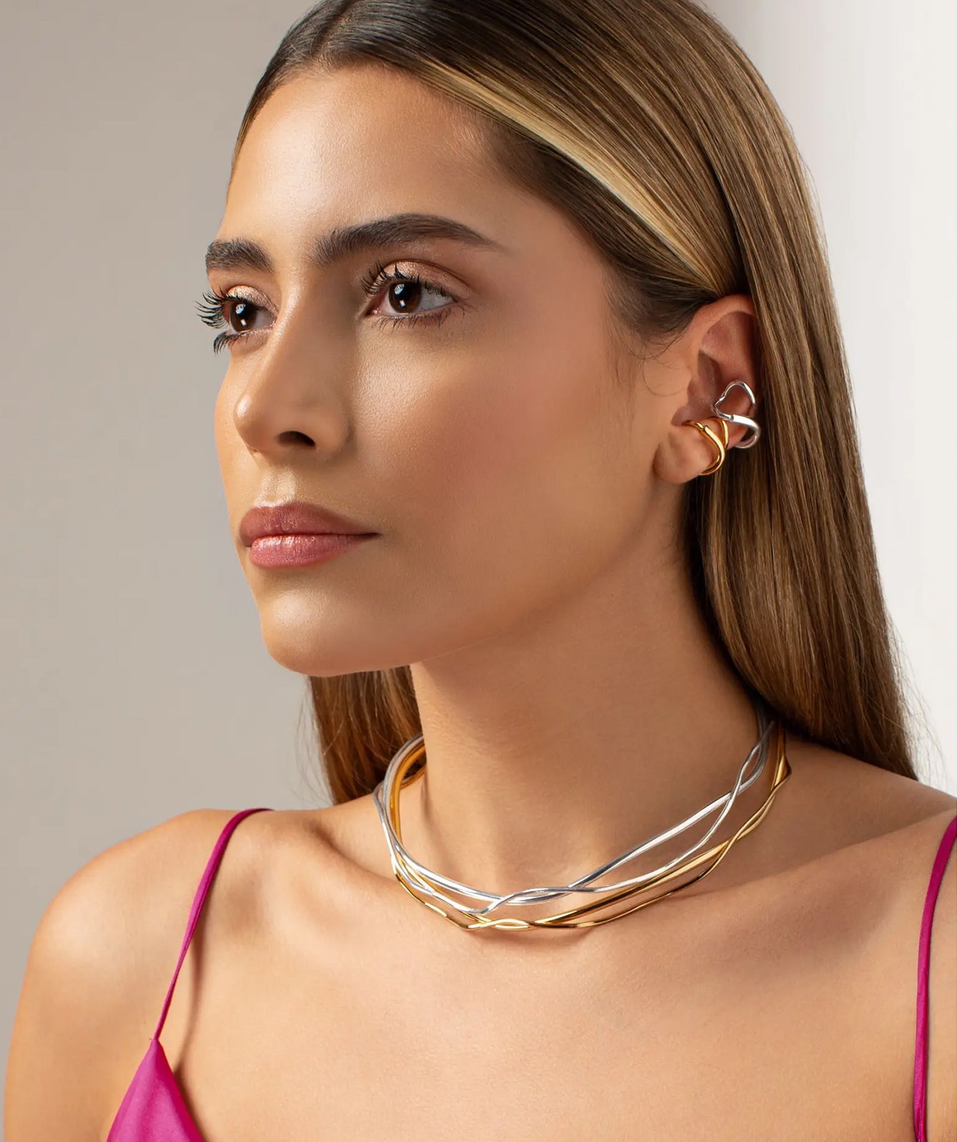 Gold-plated and silver-plated finish cala ear cuff by PIERETTI, minimalist no-piercing ear cuff, handcrafted design